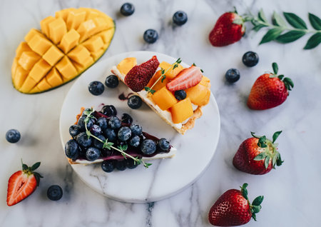 Tasty blueberry pie and mango with strawberry tart on white marble table backgroundの写真素材