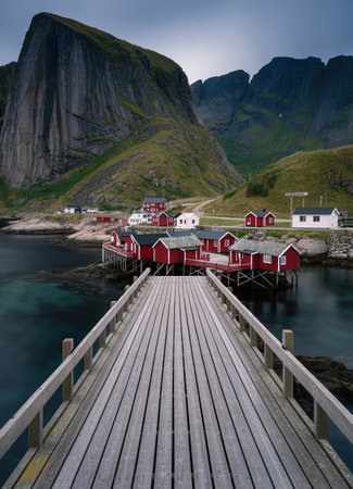 Red fishing cabins in Hamnoy, Norwayの写真素材