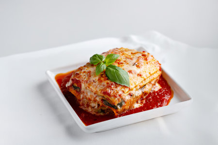 Classic lasagne piece on a plate with basil leaf on topの写真素材