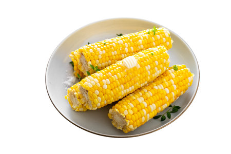 Cooked corn on the cob served with salt and butter, simple summer dish