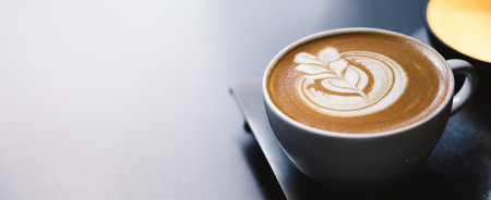 Close up of hot latte coffee in the cafe, photo banner for website header design with copy space for textの写真素材