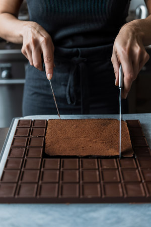 Woman cutting chocolate ganache truffle squares in the kitchen