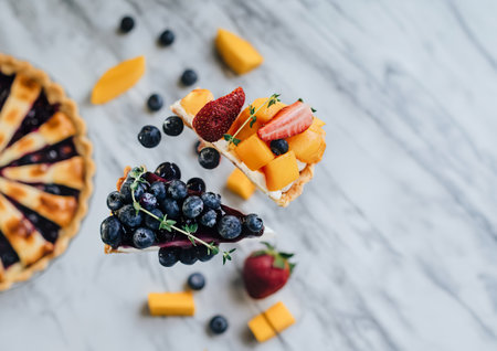 Tasty blueberry pie and mango with strawberry tart on white marble table backgroundの写真素材