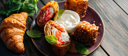 Rolls of thin pancakes with cottage cheese and sour cream on dark plate on wooden tableの写真素材