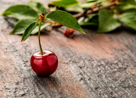 One red cherry on a dark background selected sharpness. spaceの写真素材