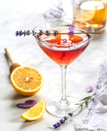 Martini, lavender, honey, lemon cocktail on a white backgroundの写真素材