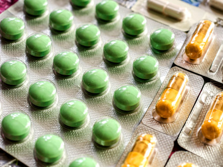 Drug. Colorful of tablets and capsules pill in blister packaging close-up