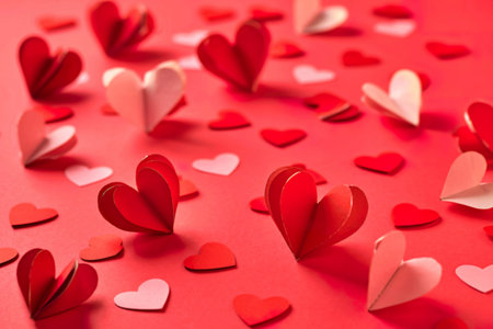 Valentines day background for greeting cards with paper hearts and object decor on red pastel
