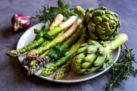 Asparagus and artichokes with herbs on a gray backgroundの写真素材