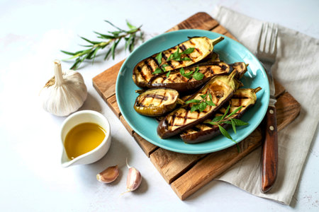 Grilled eggplants in plate has fork and olive oil garlic on isolated on white backgroundの写真素材