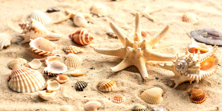 The concept of summer, rest, sea, travel. Starfish and seashells on the sand