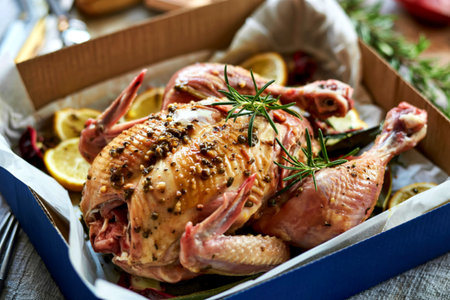 Chicken marinated in red wine with rosemary in box. Close upの写真素材
