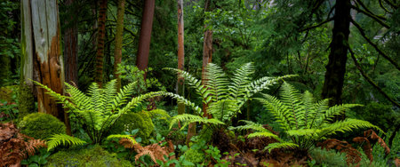 Many fern plants under tree shade in rain forests of North Cascade mountains in Washingtonの写真素材