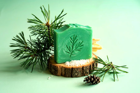 Pine soap with sea-salt and branch of pineの写真素材