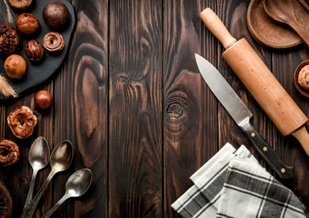wooden kitchen vintage items knife, rolling pin, empty spoons on brown wooden table, top viewの写真素材