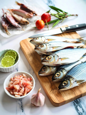 Prepare cooking traditional asian food preserved salted fish on wooden cutting boardの写真素材