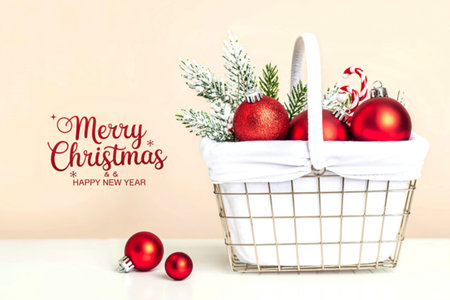 Merry christmas and happy new year concept. Banner from a basket with Xmas Tree decorationの写真素材