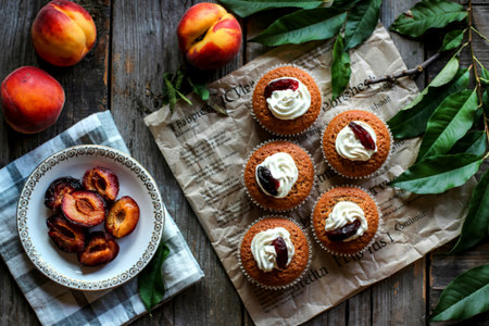 top view of cupcakes with dried plums in plate and peaches on wooden background decoratedの写真素材