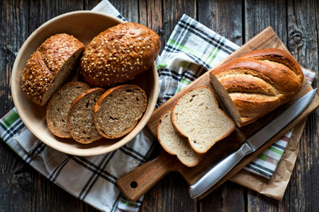 top view of breads as sliced seeded brown and white ones in bowl and on cutting board