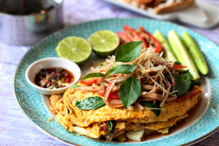 Thai omelette on dishの写真素材