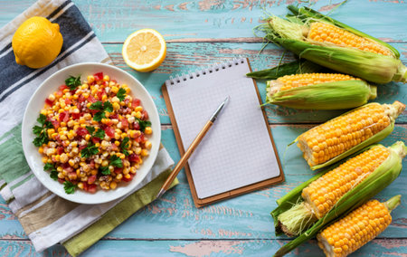 top view of corn salad on cloth and lemon with corn cobs and note pad on wooden backgroundの写真素材