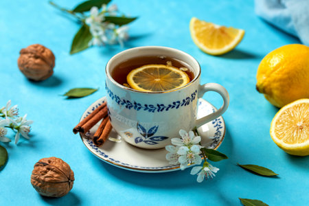 side view of cup of tea with lemon slice and cinnamon with nuts walnut lemons and flowersの写真素材
