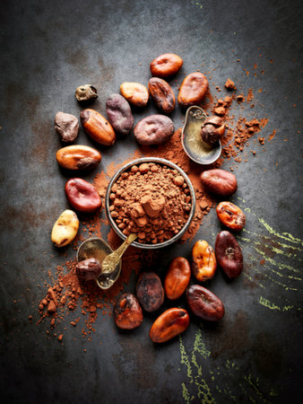 Cocoa powder and cacao beans on stone backgroundの写真素材