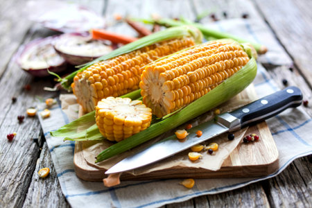 side view of sliced brown seeded cob on cutting board and knife on wooden backgroundの写真素材