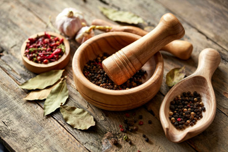 Closeup black pepper in wooden bowl with mortar and pestle on shabby teak wood tableの写真素材