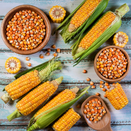 top view of corn cobs with corn pop cereals and corn seeds on wooden backgroundの写真素材