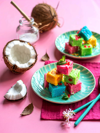 A colorful traditional coconut dessert made from grated coconut and sugar