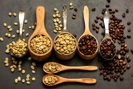 Green and brown unroasted and dark roasted coffee beans in wooden bowl with spoons set upの写真素材