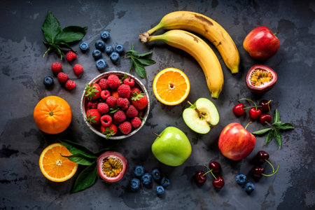 Flat lay various fresh fruits raspberry ,blueberry ,strawberry ,orange ,banana ,passion fruit
