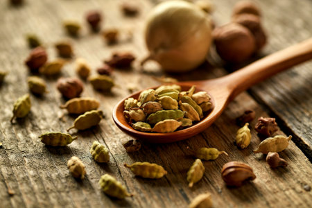 Green cardamom with wooden spoon scattered over vintage wooden backgroundの写真素材