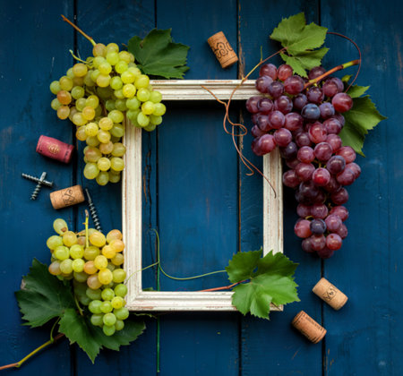 top view of an empty picture frame with bottle screw , wine corks and sweet grapesの写真素材