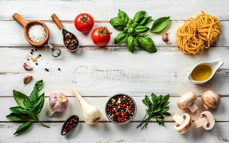 Various vegetable and ingredients for cooking pasta menu sweet basil ,tomato ,garlic ,extra virgin olive oilの写真素材