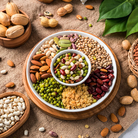 Mixed beans , lentils and nuts in the white bowl on brown cloth sack background