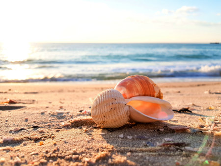 shell on a sandy beach against the backdrop of the sea and the sun