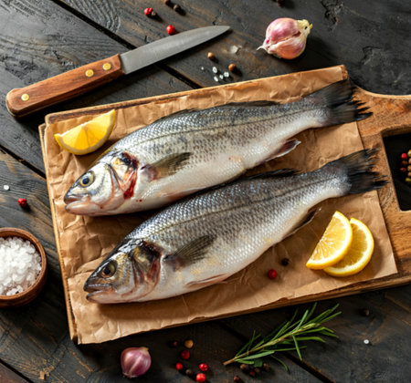fresh whole sea bass fish on brown cutting board , top viewの写真素材