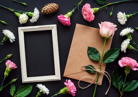 top view of an empty picture frame and brown paper greeting card with white color rose tied