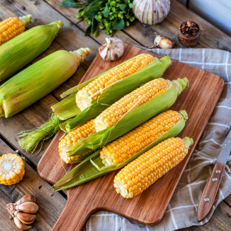 fresh yellow corn cobs on a brown wooden cutting board, top viewの写真素材