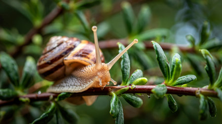 Close up shot of snail on the plantの写真素材