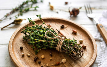 Sprigs of thyme tied with rope on a wooden plate, top vew