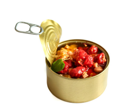tin containers,canned food isolated on whiteの写真素材