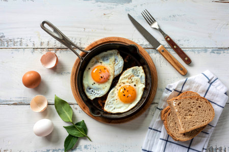 Fried egg in skillet pan isolated on white wood backgroundの写真素材