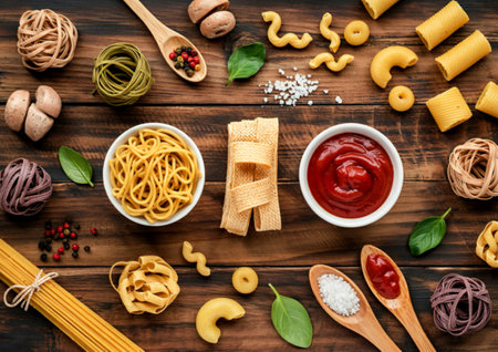 top view of different macaronis as spaghetti rotini vermicelli and others with salt and ketchupの写真素材