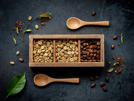 Green and brown unroasted and dark roasted coffee beans in wooden box with spoons setupの写真素材