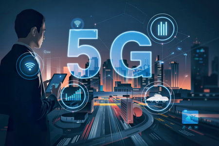 5G network interface and icon concept,Double exposure with businessman
