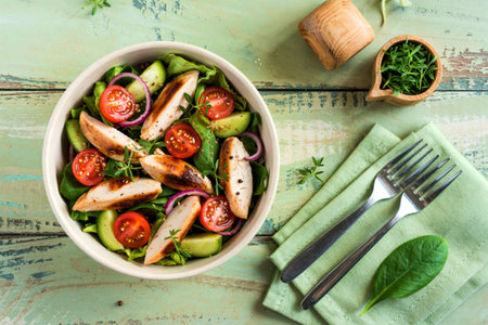 Chicken salad in bowl on green wood background close up, top view, healthy food conceptの写真素材