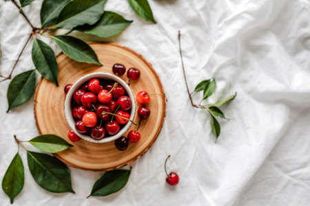 top view of cup full of red cherries on left side and white background decorated with leavesの写真素材